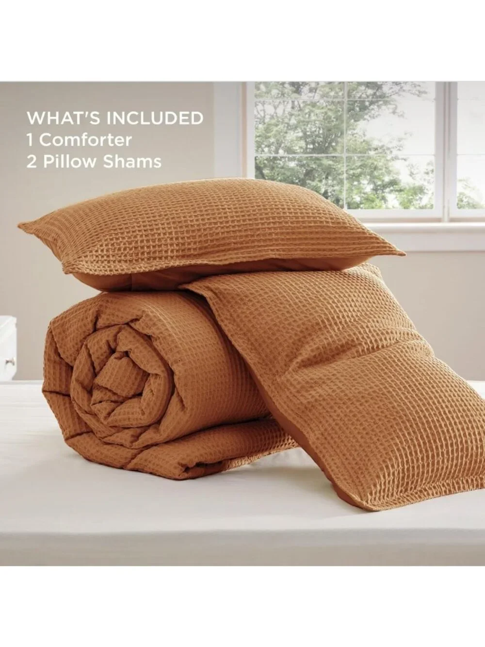 Cozy Waffle Comforter Set Queen Size, Soft Cotton Cover, Elegant Hazel Color